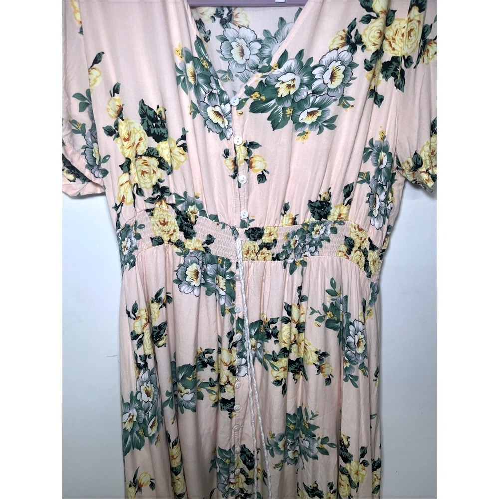 Womens XXL Floral Midi Dress Pink Yellow Cottagecore Smocked Waist Romantic - Picture 4 of 10